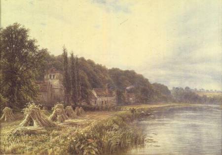 Riverside Village with figures fishing de Edmund George Warren