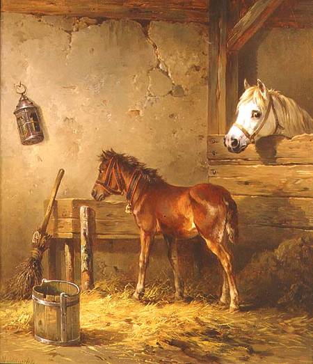 Mare and Foal in a Stable de Edmund Mahlknecht