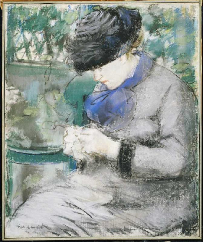 Mädchen, im Garten sitzend oder: Das Stricken de Edouard Manet