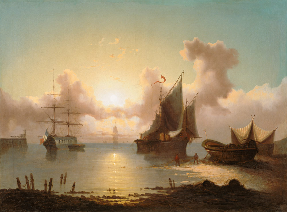 Sailing ships with sunset and fisherman when retra de Eduard Agricola