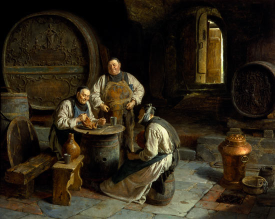 Three monks in the monastic wine cellar de Eduard Grützner
