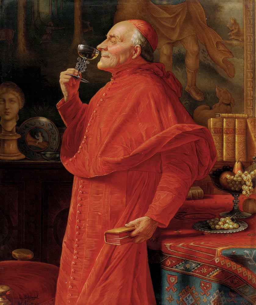 Plaque depicting a Cardinal sampling the bouquet of a white wine from a Venetian glass de Eduard Grützner