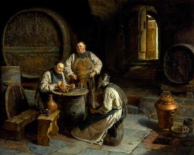 Three monks in the monastic wine cellar