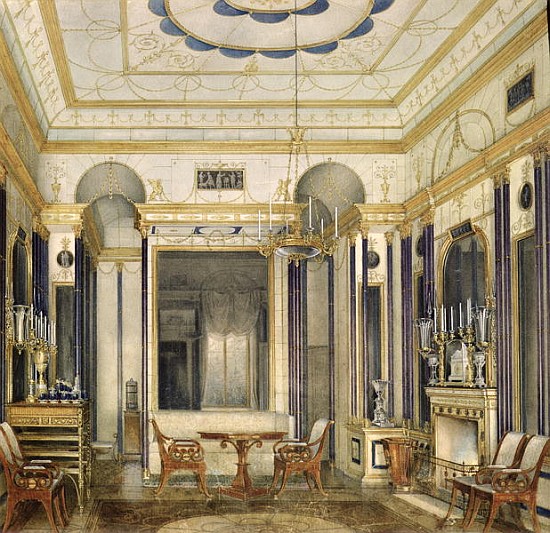 The Drawing Room of the Empress Maria Alexandrovna in the Great Palais in Tsarskoye Selo (w/c, gouac de Eduard Hau