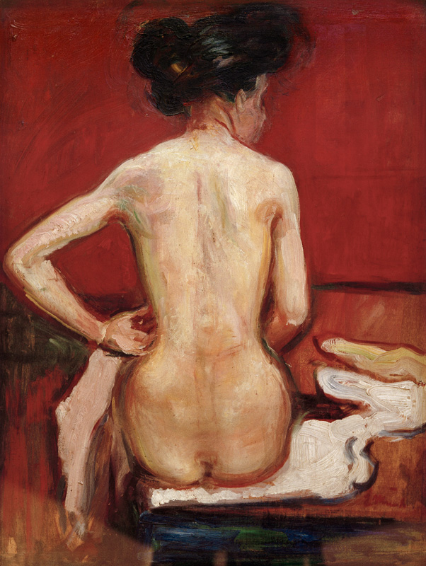 Back View of Sitting Female Nude with Red Background de Edvard Munch