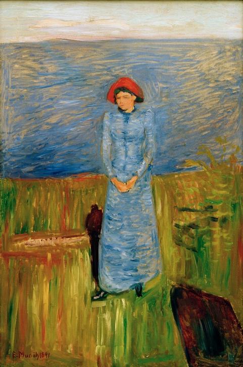 Woman with red hat at fjord de Edvard Munch