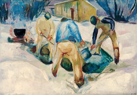 Straßenarbeiter im Schnee