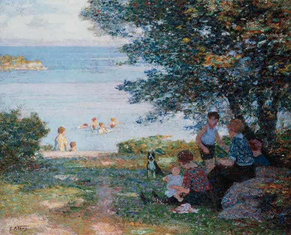 Mothers with children on the shady shore de Edward Henry Potthast