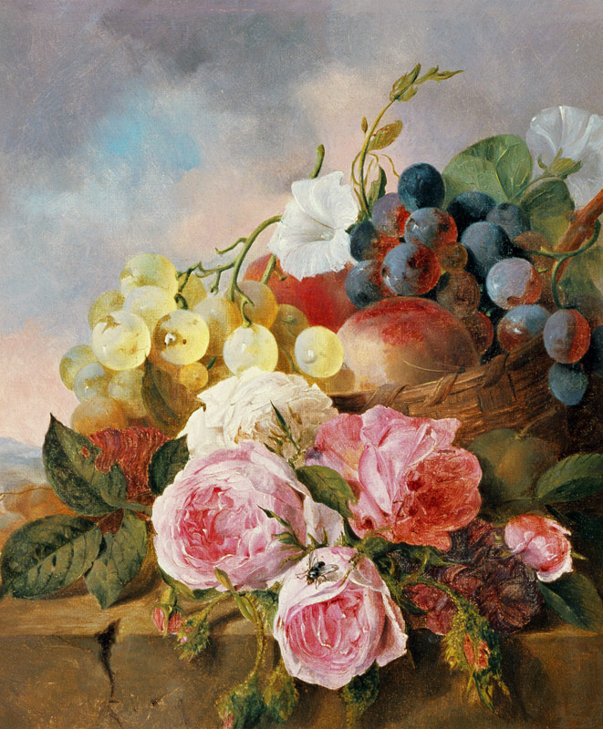 Still life of fruit and roses on a ledge de Edward Ladell