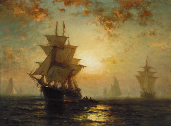 Sailing ships at sunset de Edward Moran