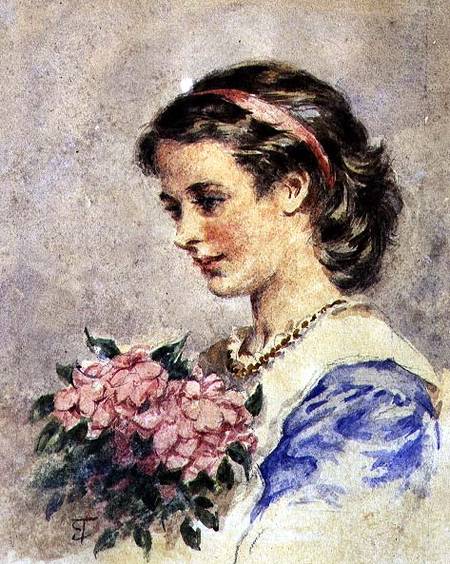 Young Girl with a Bunch of Pink Flowers (w/c over pencil on paper) de Edward Tayler