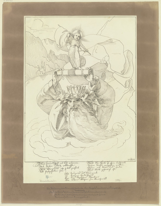 Brauner Montierungsbogen mit zwei das Hauptblatt rahmenden Putten an den unteren Ecken de Edward von Steinle