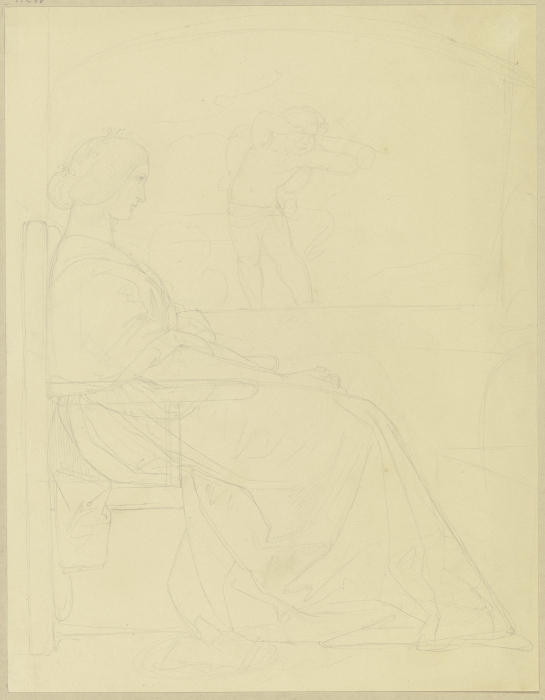 Eine Dame am Fenster sitzend, im Hintergrund ein Amorknabe (?) mit Pfeil und Bogen de Edward von Steinle