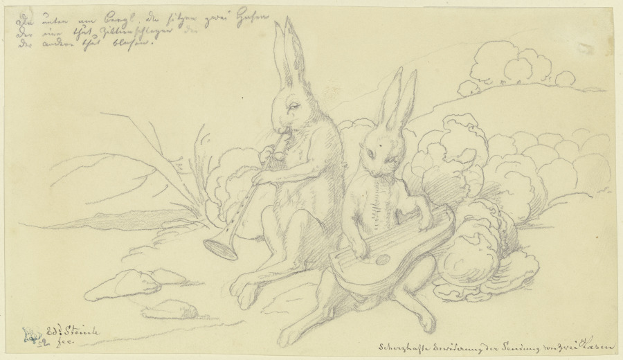 Zwei Hasen im Kohl musizierend de Edward von Steinle