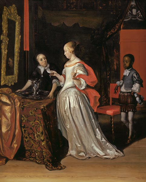 A Lady Holding A Letter Attended By A Negro Page As A Maid Places A Silver Ewer And Basin On A Table de Eglon Hendrick van der Neer