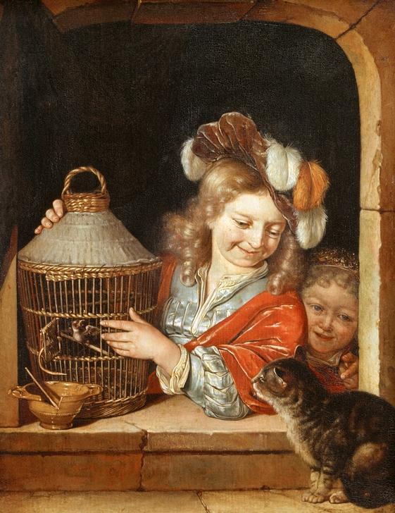 Children with Birdcage and Cat de Eglon Hendrik van der Neer