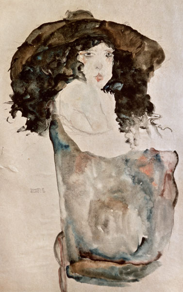 Girl with blue-black hair and hat. de Egon Schiele