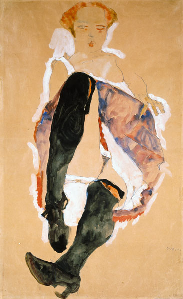 Sedentary girl with black stockings de Egon Schiele