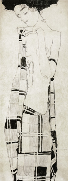 Mujer de pie en tela de cuadros de Egon Schiele