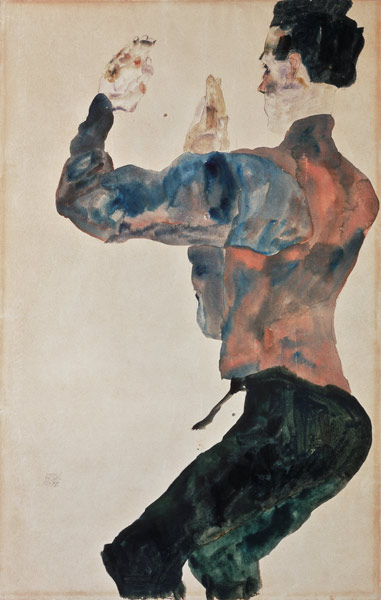 Self-portrait with raised arms, back view de Egon Schiele