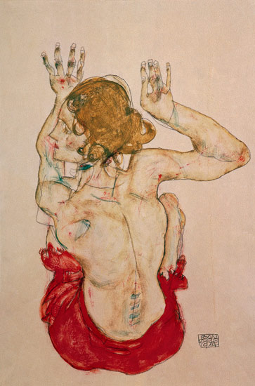 Back act of a girl sitting on a red cloth de Egon Schiele
