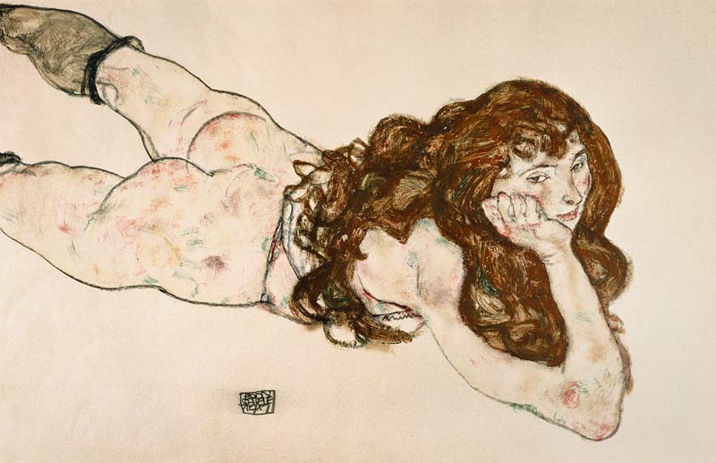 Female act lying at the belly de Egon Schiele