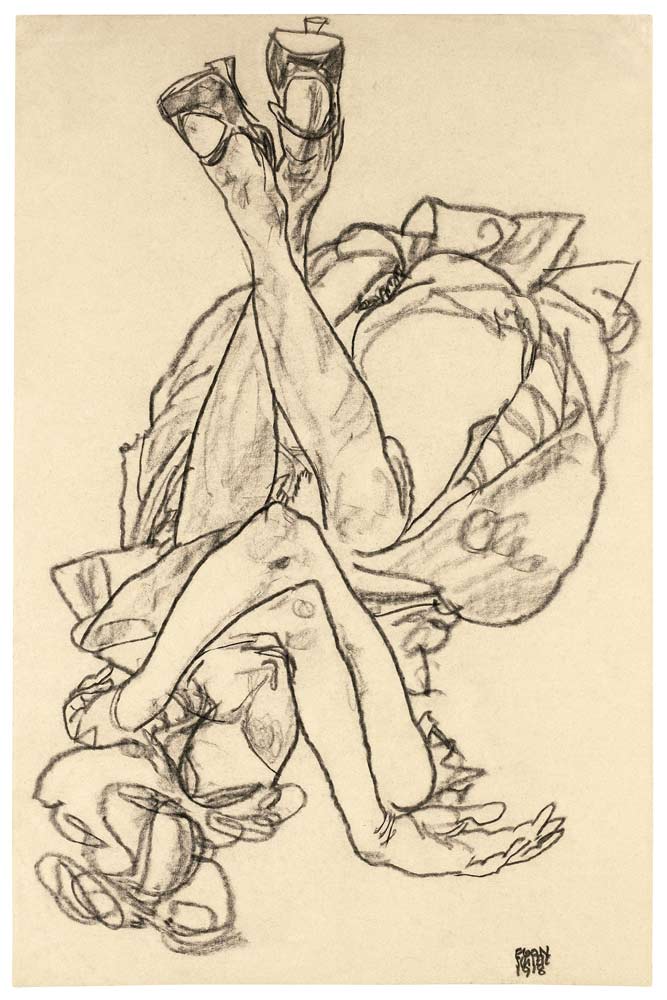 Girl lying on her back with crossed arms and legs de Egon Schiele