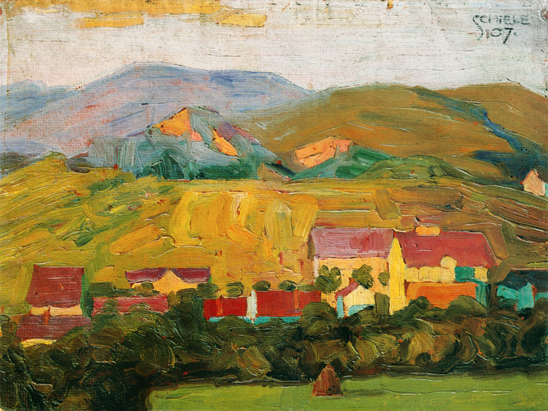 Village with mountains de Egon Schiele