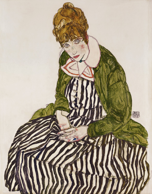 Edith Schiele in Striped Dress, Seated de Egon Schiele