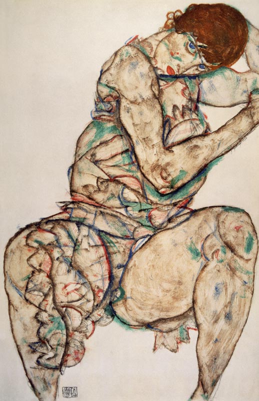 Sedentary woman with a left hand in the hair de Egon Schiele