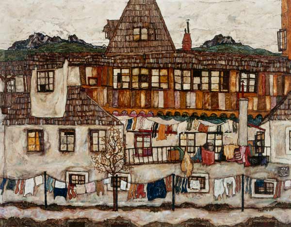 casa con ropa secando de Egon Schiele