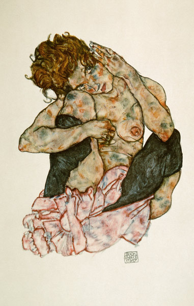 Desnudo de chica en cuclillas con la mejilla en la rodilla derecha de Egon Schiele