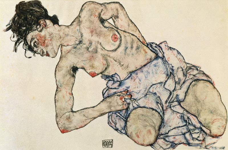 Mujer semi-desnuda arrodillada de Egon Schiele