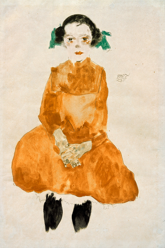 Little girl in a yellow dress with black stockings de Egon Schiele