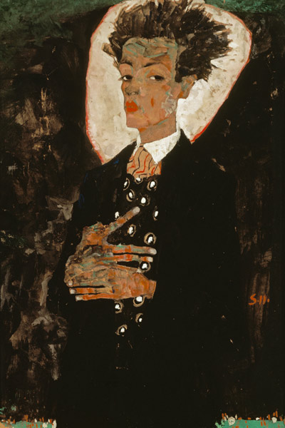 Self-portrait with peacock waistcoat, stationary. de Egon Schiele