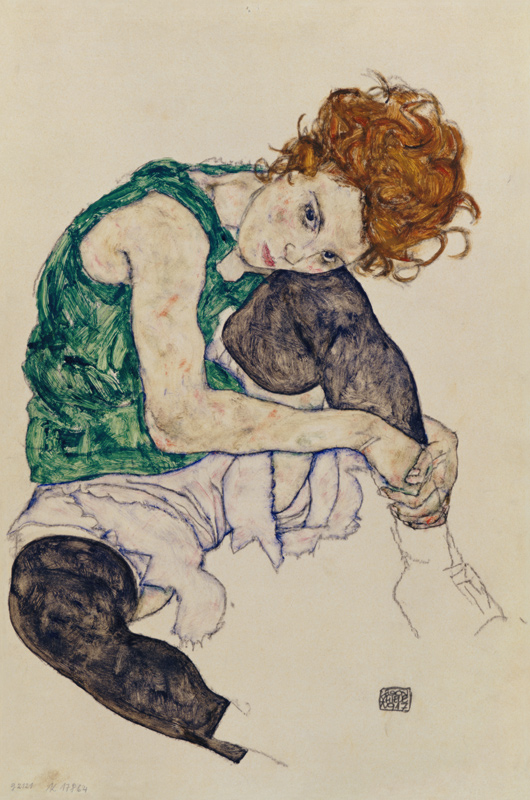 Mujer sentada apoyada sobre su rodilla de Egon Schiele
