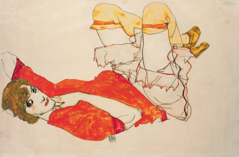 Wally knees lifted up in a red blouse de Egon Schiele