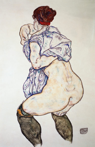 Female half act with green stockings de Egon Schiele