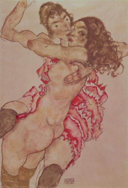 Two girls, each other hugging de Egon Schiele