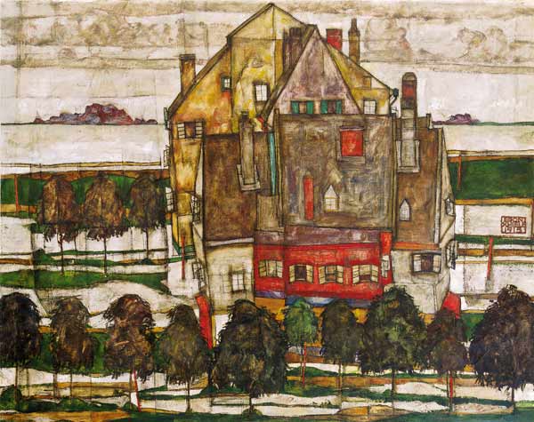 Einzelne Häuser (Häuser mit Bergen) de Egon Schiele