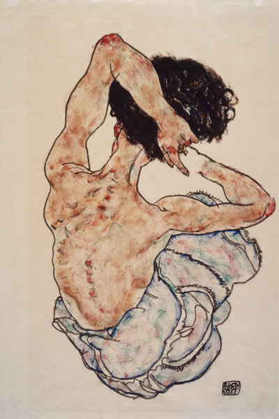 Mujer con las manos entrelazadas, vista de espalda de Egon Schiele