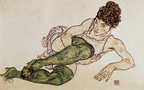 Reclining woman, green tights de Egon Schiele