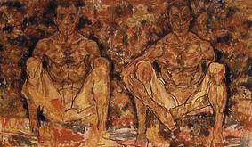 Squating man pair of (double alone picture) de Egon Schiele