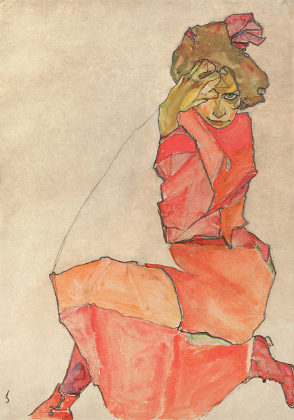 Mujer arrodillada con vestido rojo-naranja de Egon Schiele