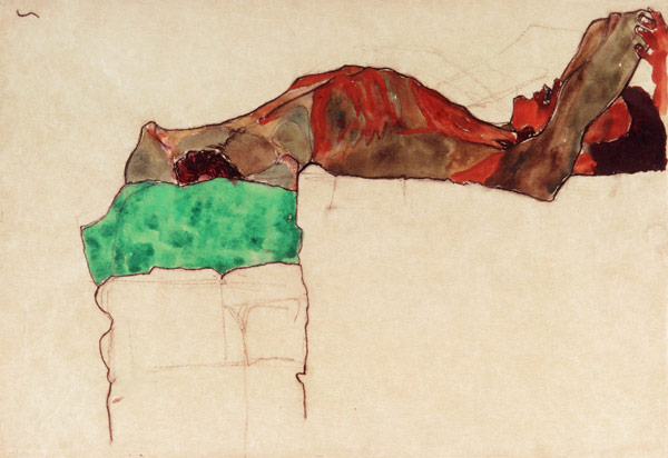 Lying masculine act with a green cloth de Egon Schiele