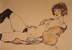 Lying act with green stockings de Egon Schiele