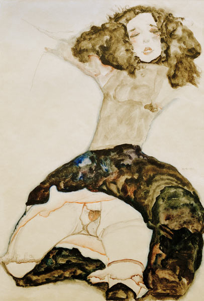 Schwarzhaariges Mädchen mit hochgeschlagenem Rock de Egon Schiele