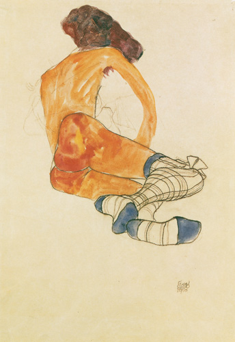 Sedentary female act with a blue stocking ribbon, de Egon Schiele