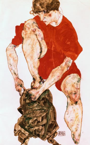 Female model in a fiery red jacket and trousers de Egon Schiele