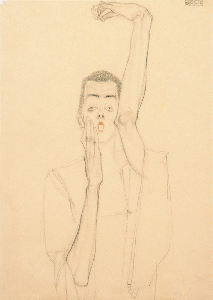 Young Man With A Raided Arm And Red Mouth de Egon Schiele